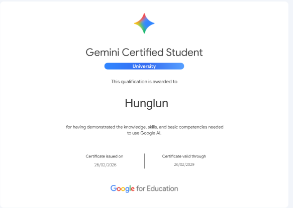 Gemini Certified Student 證書（點擊放大）